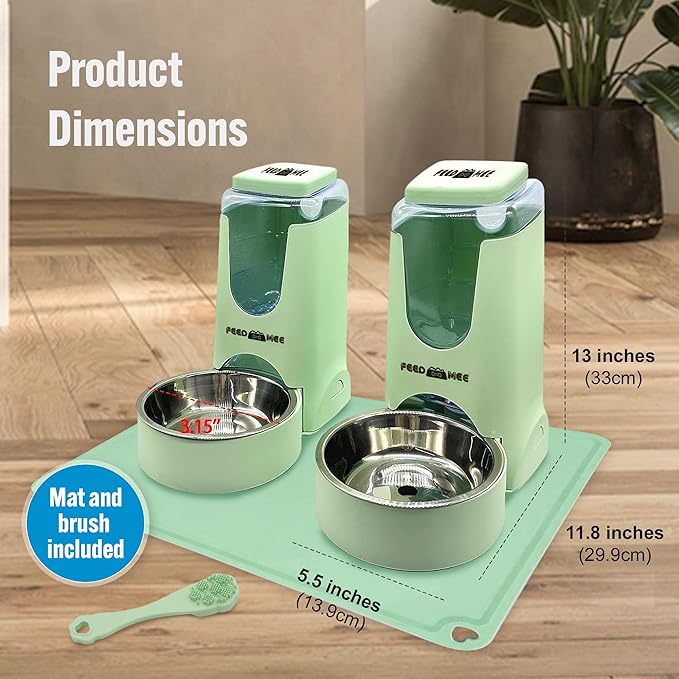 Automatic Cat Feeder Dog Water Bowl Dispenser – 2-Pack Automatic Dog Feeder with Silicone Mat, Pet Toothbrush – Safe Non-BPA Materials – Large Capacity for Small and Medium Animals Green