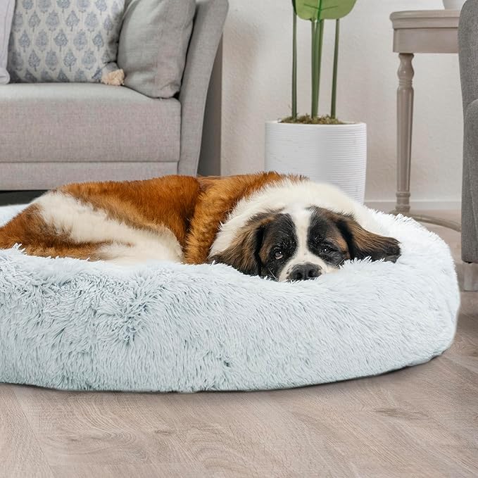 Best Friends by Sheri Bundle Set The Original Calming Shag Donut Cuddler Cat and Dog Bed + Pet Throw Blanket, Frost, Extra Large, 45x45