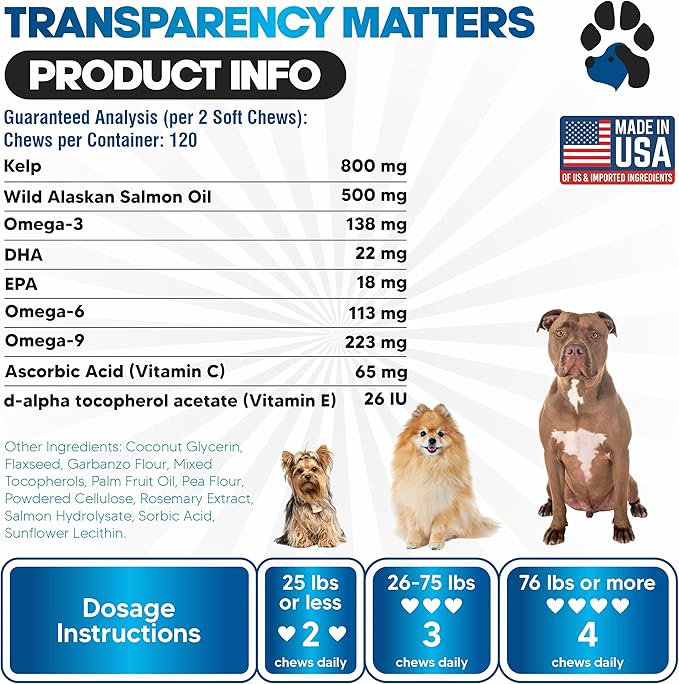 Wild Alaskan Salmon Oil for Dogs - Dog Skin and Coat Supplement - Shedding & Itch Relief for Dogs - Omega 3 Fish Oil for Dogs Chews - 120 Dog Allergy Chews - Dog Shedding Supplement - Dog Vitamins