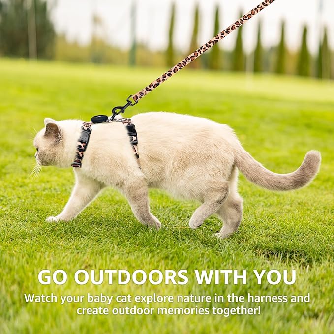 SCENEREAL Adjustable Cat Harness and Leash Set with AirTag Holder, Escape-Proof Design for Small to Large Cats, Lightweight Soft Travel Harness, Khaki Leopard