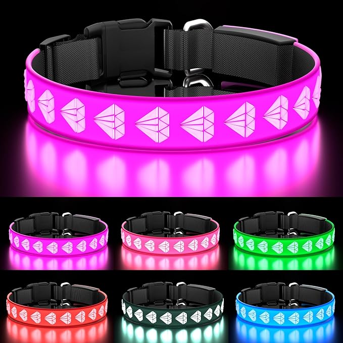 Dog LED Collar, 3D Design Light Dog Collars Adjustable Light Up Dog Collars 15 Multi-Colors Lighting Rechargeable Waterproof Bright Safety Light Up Dog Collar, Purple