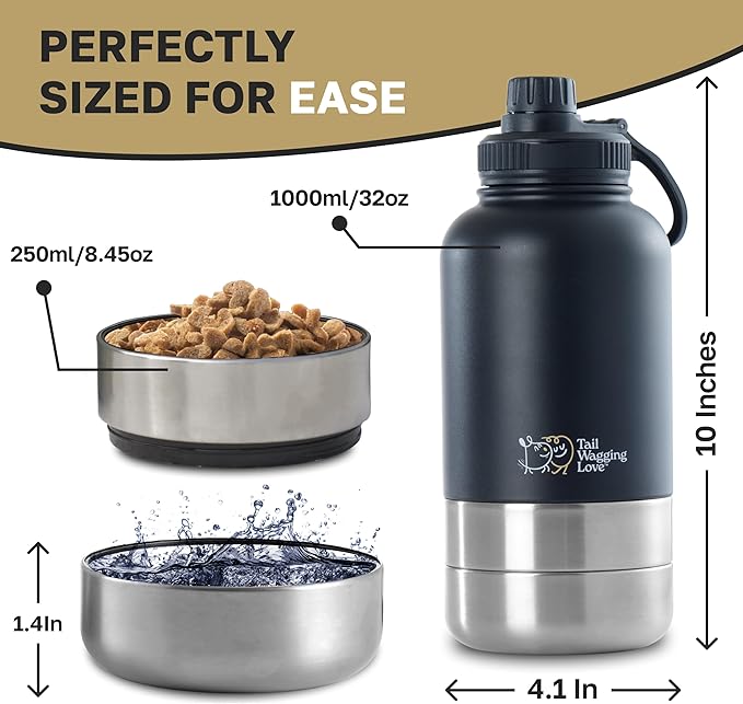 32oz 3-in-1 Portable Travel Water Bottle, Food & Hydration Bottle - Dual Use for Humans & Pets with Detachable Bowls, Stainless Steel, Keeps Water Hot for 6hrs & Cold for 12hrs