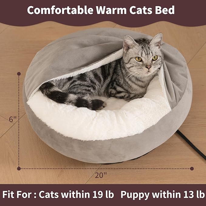 Heated Cats Bed with Cover,Indoor Auto Heating Pets Bed for Cats and Puppy, Washable and Warm Round Anti-Anxiety Heated Pets Bed with Cozy Hooded Blanket (20" with Cover)
