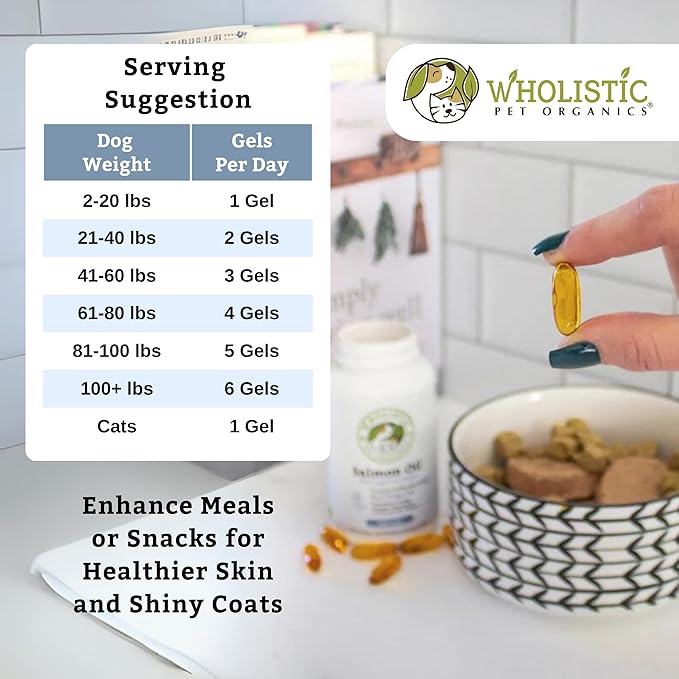 Wholistic Pet Organics Wild Alaskan Salmon Oil for Dogs - 100 Soft Gels - Rich Omega 3 Fish Oil with EPA & DHA for Skin, Coat, Joint, and Heart Health - Natural Dog Skin & Coat Care