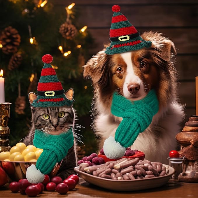 2 Pcs Cat Christmas Costume Cat Santa Hats with Scarf Pet Hat Scarf Set Pet Christmas Outfit Party Costume Supplies for Cats Small Dogs Puppy Accessories(Green,Belt Style)