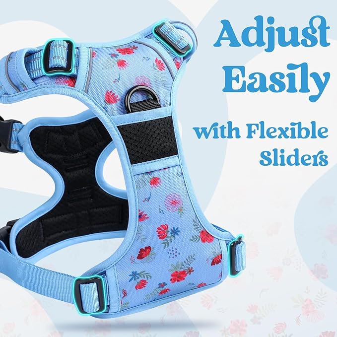 rabbitgoo Dog Harness Small Sized, No Pull Pet Harness with 3 Buckles, Adjustable Soft Padded Vest with Control Handle, Walking Reflective Pet Vest for Small Dogs, Floral Blue, S