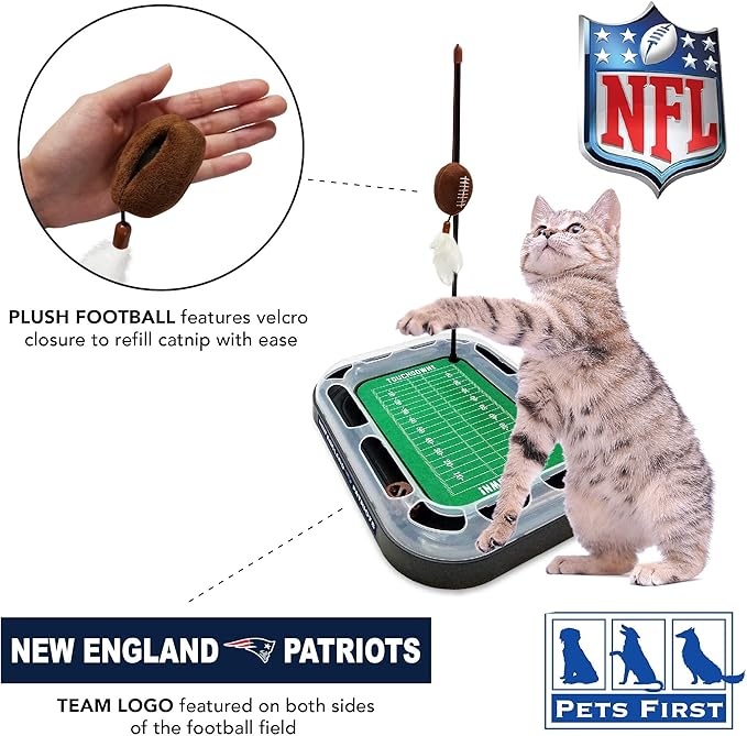 Pets First CAT BALL BELL TOY New England Patriots Football Field CAT Scratcher Toy with Catnip Filled Plush Football Toy&Feather Cat Toy Hanging,&Jingle Bell Interactive Ball Chasing 5-in-1 Kitty Toy