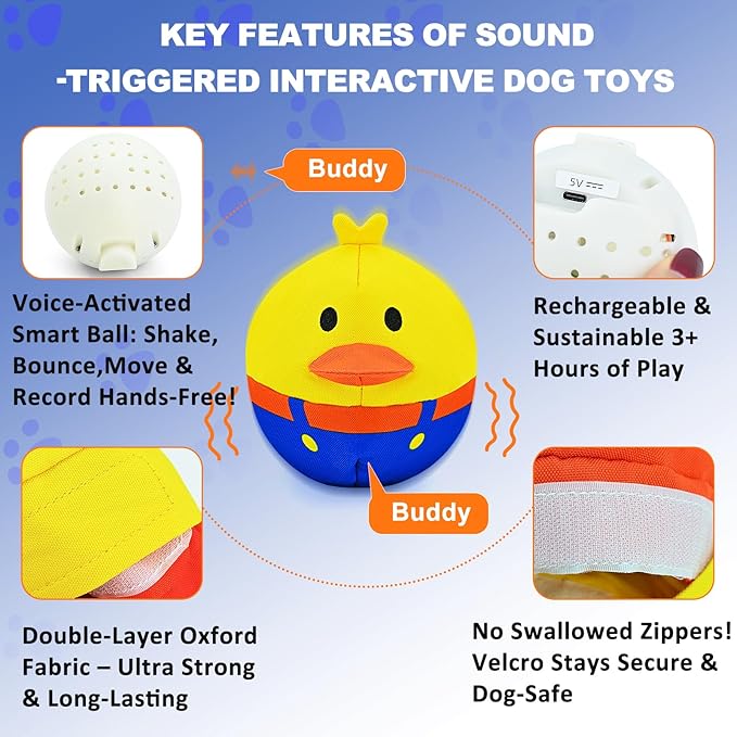 Interactive Dog Toys, Responds to Barks, Nudges & Paws, Keep Them Busy for Hours! Rechargeable Hard-Wearing Oxford Fabric Self-Play Puppy Toy with Motion/Sound Feedback, Dog Indoor-Play Toy