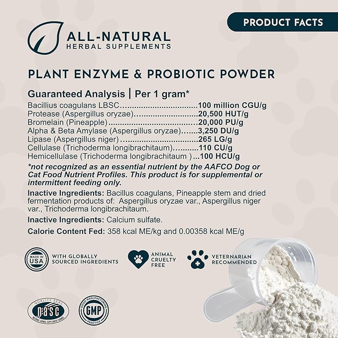 Animal Essentials Plant Enzyme & Probiotics for Dogs & Cats - Digestive Enzymes for Dogs, Probiotic Powder, Digestive Supplement, No Preservatives, Veterinarian Recommended - 3.5 Oz
