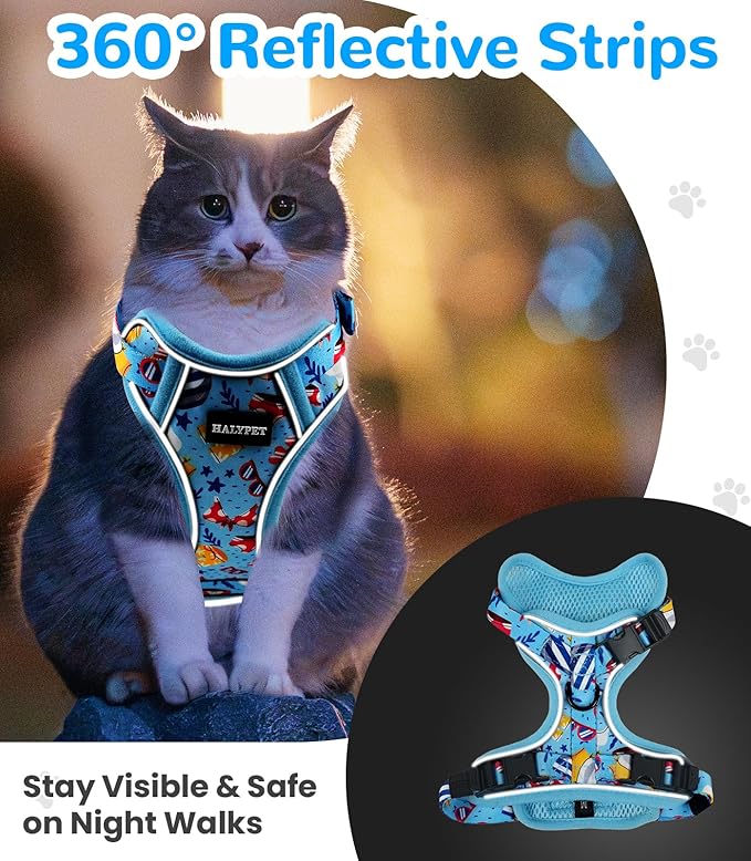 Halypet Cat Harness and Leash Set for Walking, Escape Proof Adjustable Vest Harness with 3-in-1 Integrated Buckles, Easy Control Soft Breathable Mesh with Reflective Strips for Cats, M,Azure Blue