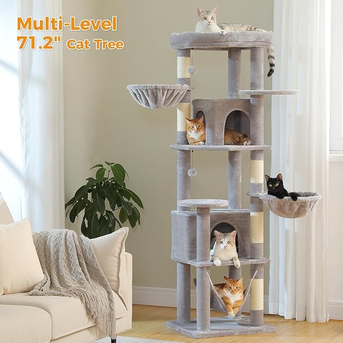 Tall Cat Tree for Indoor Cats Large Adult, 71.2" Multi-Level Cat Tower with 2 Spacious Condos, 3 Hammocks, Super Large Top Perch, 2 Pompoms, Grey