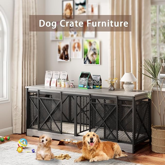COZPAW 78 Inch Double Dog Crate Furniture, Extra Large Dog Kennel Indoor for Medium Large 2 Dogs, Heavy Duty Dog Cage Chew-Resistant Steel and Wooden Pet House with Removable Divider (Grey)