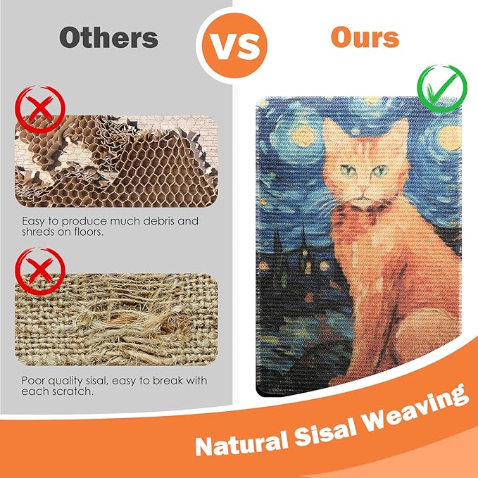 3-in-1 Sisal Cat Scratch Mat 23.6x15.7'' Floor & Wall Cat Scratcher Pad, Protects Carpet Couch & Furniture with Sticker Tape, Anti-Slip, Durable for Indoor Outdoor Cats (Ginger Cat Under The Stars)