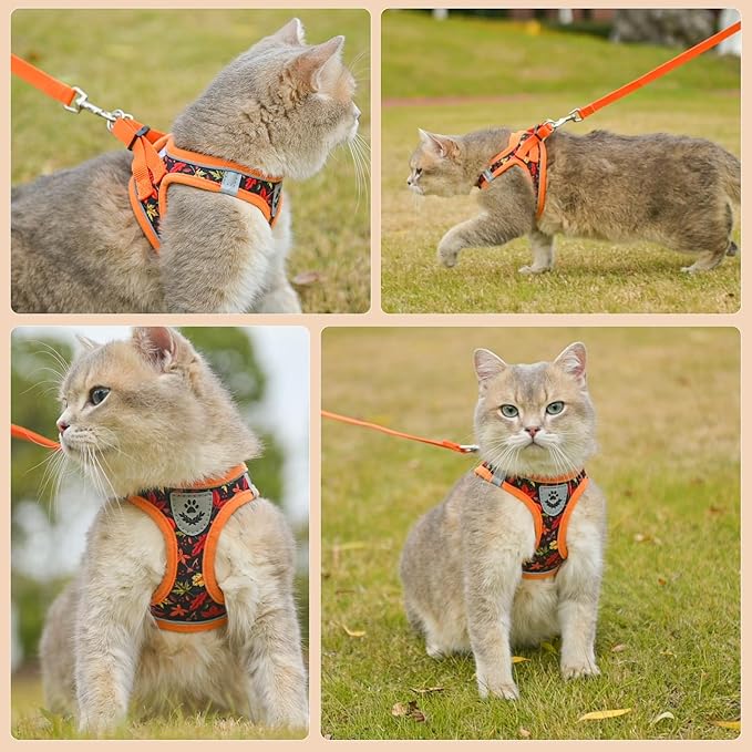 SCENEREAL Fall Thanksgiving Cat Harness and Leash Set Escape Proof, Soft Mesh Kitten Harness for Walking Travel, Reflective Adjustable Pet Vest with Leaf Print for Cat Puppy, M