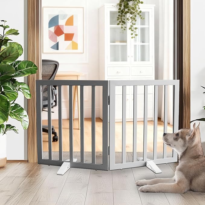 ZJSF Freestanding Indoor Dog Gate for House Foldable Wood Puppy Gate for Doorways Pet Gate for Stairs Extra Wide Pet Fence, Grey, 24" Height 2 Panels