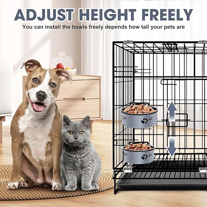 Hanging Dog Bowls for Kennel, ShineMe Stainless Steel Attachable Dog Bowls for Crates Hanging 2 Pack Food and Water Bowl No Spill for Medium and Small Sized Dogs (6.2x2.6” & 5.5x2.4”)