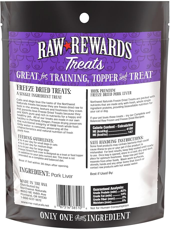 Northwest Naturals Raw Rewards Freeze-Dried Pork Liver Treats for Dogs and Cats - Bite-Sized Pieces - Healthy, 1 Ingredient, Human Grade Pet Food, All Natural, Proudly Made in USA, 3 Oz