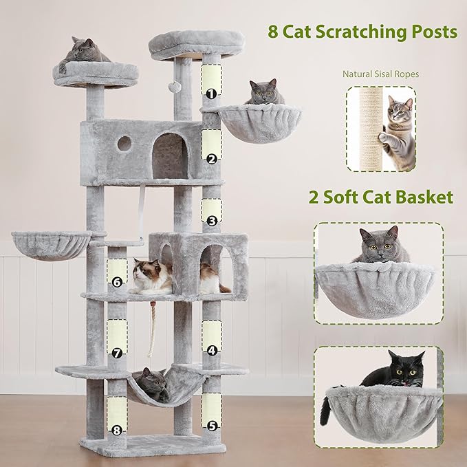 80.7''(205cm) Cat Tree for Indoor Cats, Large Cat Tower for Multi Adult Cats, Cat Tree House with Big Hammock, 2 Top Perches/Cat Condos/Baskets, 8 Scratching Posts, Light Gray GCT034W