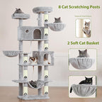 80.7''(205cm) Cat Tree for Indoor Cats, Large Cat Tower for Multi Adult Cats, Cat Tree House with Big Hammock, 2 Top Perches/Cat Condos/Baskets, 8 Scratching Posts, Light Gray GCT034W