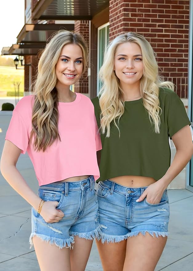 Womens Summer Crop Tops Short Sleeve Round Neck T-Shirts Loose Fit Casual Blouse