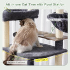 Cat Tree with Tunnel, Cat Tower for Indoor Cats, Tall Cat Tree Tower with Cat Condo, Food Station, Large Platform, Scratching Posts, Hammock, Smoky Gray GCT021G