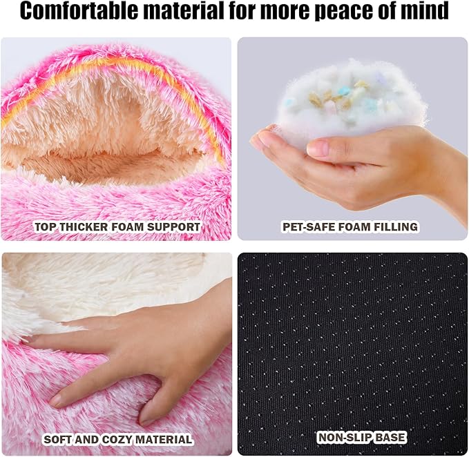 Calming Dog Beds & Cat Cave Bed with Hooded Cover,Washable Round Beds for Small Medium Pets,Anti-Slip Faux Fur Fluffy Coved Bed,Comfortable Warming Pet Bed (24 * 24inch,Pink)