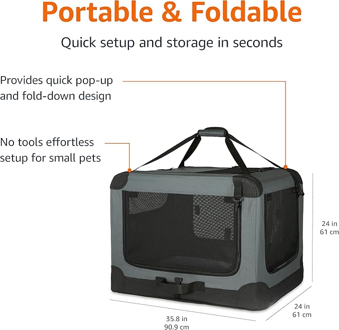 Amazon Basics Portable Dog Crate Pet Carrier 4-Door Soft Folding Cat Carrier Large, 36L x 24W x 24H inches, Grey