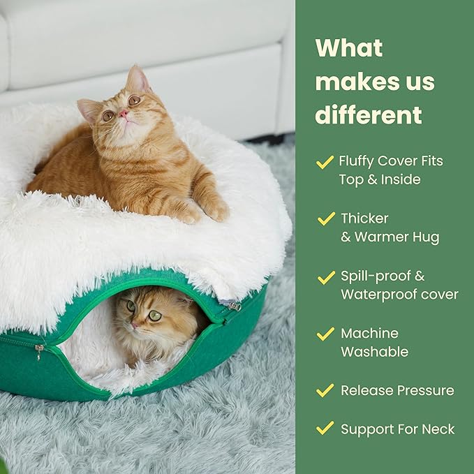 CATTASAURUS Peekaboo Cat Cave for Multiple & Large Cats Up to 30-45 Lbs, Fluffy Cat Beds & Furniture, Scratch Detachable & Washable Tunnel Bed, Comfy Donut Bed (Forest Green, Large (Calming))