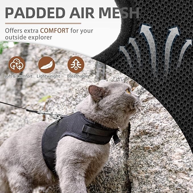 PUPTECK Soft Mesh Cat Vest Harness and Leash Set Puppy Padded Pet Harnesses Escape Proof for Cats Small Dogs Rabbits Bunny, Black XL