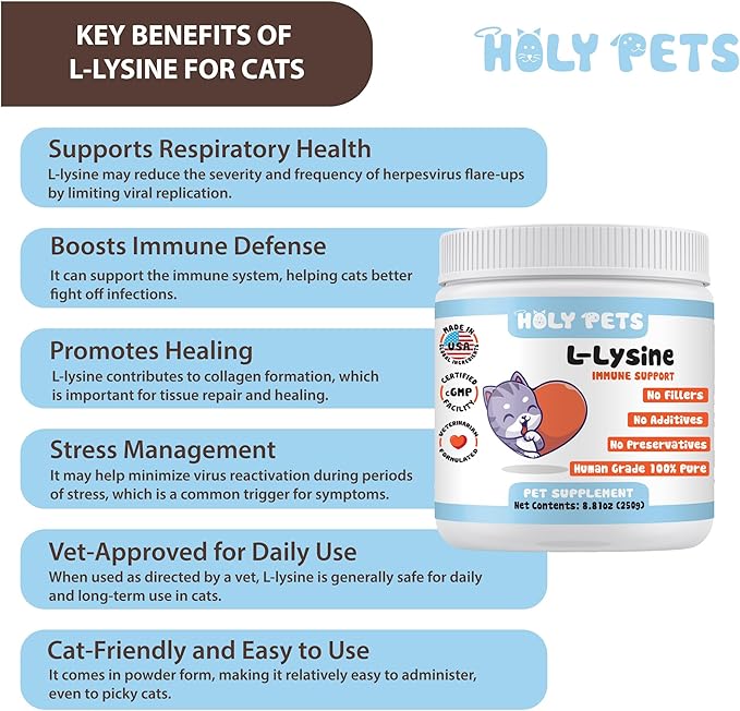 100% Pure L-Lysine Powder for Cats – No Fillers, Additives or Preservatives – 1,000mg per Scoop – Immune, Respiratory & Eye Support – Helps with Sneezing, Runny Nose & Cold Symptoms