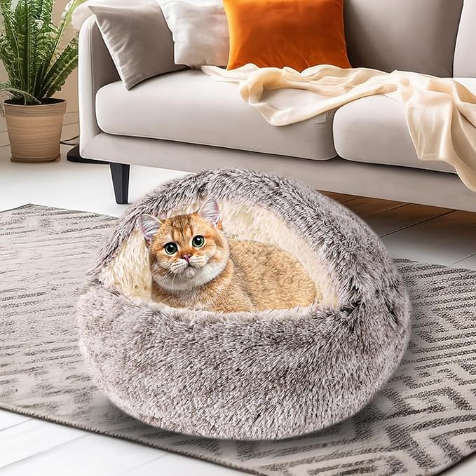 Calming Dog Beds & Cat Cave Bed with Hooded Cover,Washable Round Beds for Small Medium Pets,Anti-Slip Faux Fur Fluffy Coved Bed,Comfortable Warming Pet Bed (20 * 20inch,Khaki)