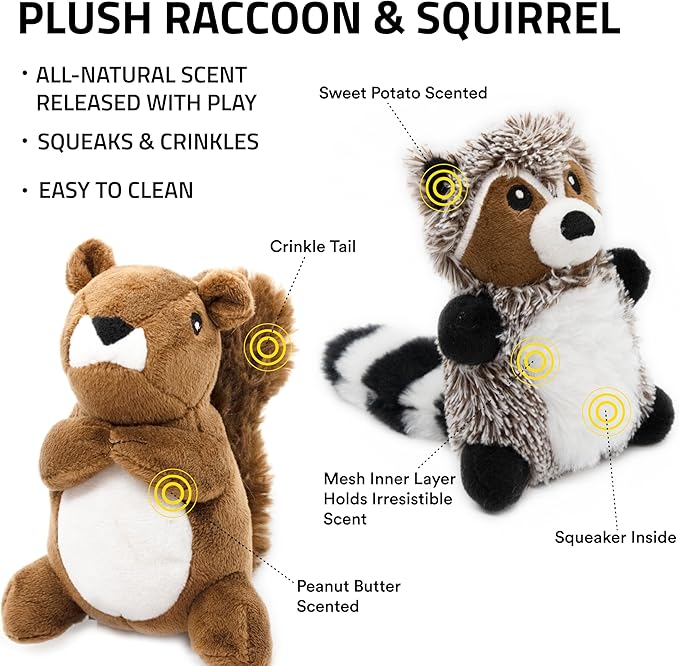 Playology Plush Dog Toy Bundle | Stuffed & Scented Toys for Small Dogs | Peanut Butter Squirrel & Sweet Potato Raccoon Value 2-Pack