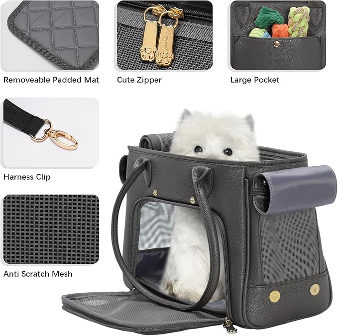 Minsong Fashion Pet Carrier Purse for Small Cat and Dog, Luxury Pu Soft-Sided Tote Bag with Large Pockets for Dogs and Puppies (Black, 13.6" L x 6" W x 10.0" H)