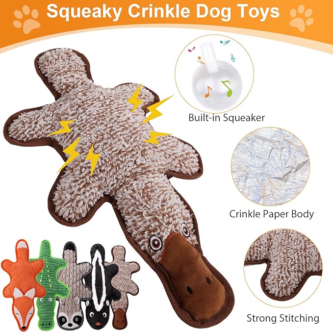 5 Pack No Stuffing Squeaky Dog Toys for Aggressive Chewers - Interactive Durable Plush Chew Toy with Crinkle Paper, Safe Pet Toy for Small to Large Breed, Ideal for Puppy Gifts & Tug of War Toys