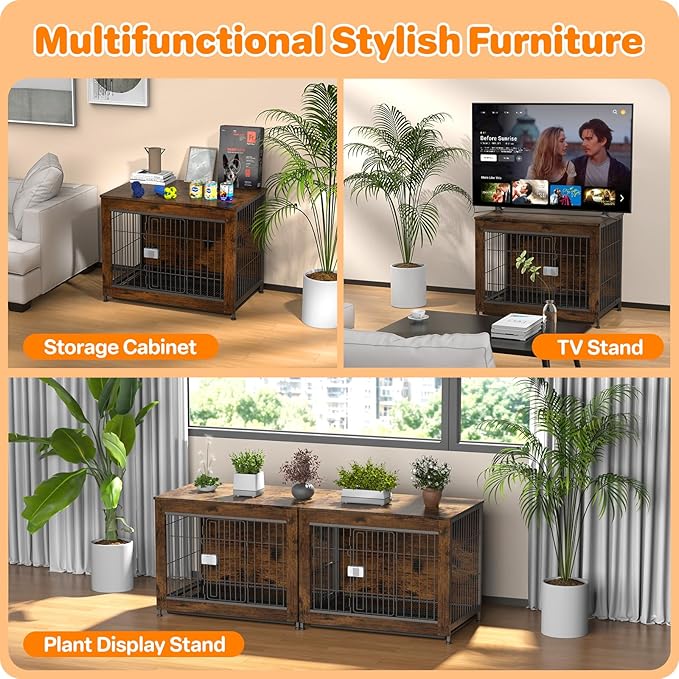 Dog Crate Furniture, Wooden Dog Crate 33in, Decorative Cage with End Table for Dog Indoor Kennel, High Anxiety Dog, Escape-Proof Locks for All Breeds