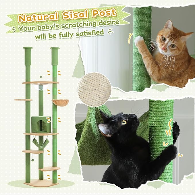 PEQULTI Floor to Ceiling Cat Tree 92.9’’-101.6’’ Height Adjustable Cat Tower Tall Kitty Climbing Play House with Scratching Posts, Cozy Condo, Perches and Large Hammock for Indoor Cats Green