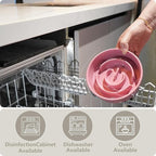 Ceramic Slow Feeder and Water Bowl Set for Small Dogs, Ceramic Dog Bowls Elevated with Wooden Stand, 0.6 Cups Dog Slow Feeder(14oz) and 30oz Water Bowl Set, Pink