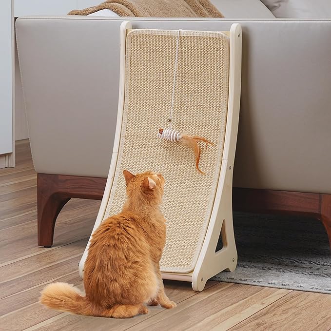PETKARAY Curved Cat Scratcher, Sisal Kitty Scratching Ramp, L Shape Scratch Pad for Indoor Cats, 25.6" Furniture Protector with Mouse Toy