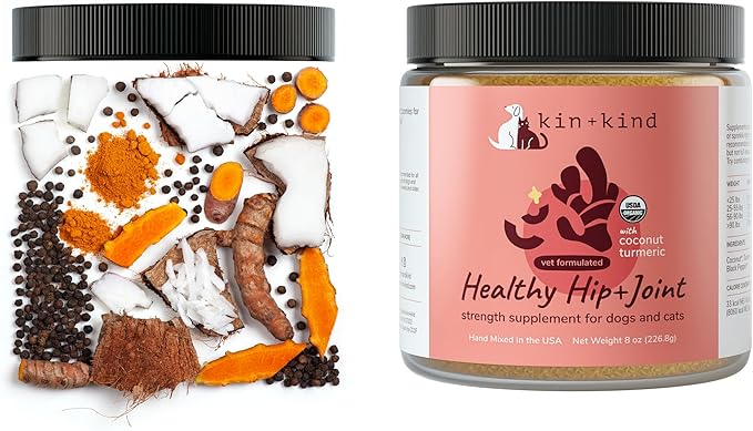 kin+kind Hip and Joint Supplement for Dogs & Cats – Vet Formulated Natural Joint Support with Organic Turmeric, Black Pepper & Coconut – Dog Essentials & Cat Essentials – Made in USA – 3x4 oz (Medium)