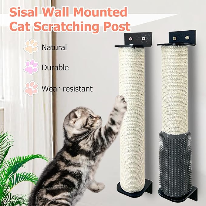Cat Scratching Post Wall Mounted 2 Pack Cage Mount Cat Scratcher 2-in-1 Natural Sisal Kitty Scratch Posts with Self Groomer Massager for Scratch and Climbing 15.7x2.7in (White)