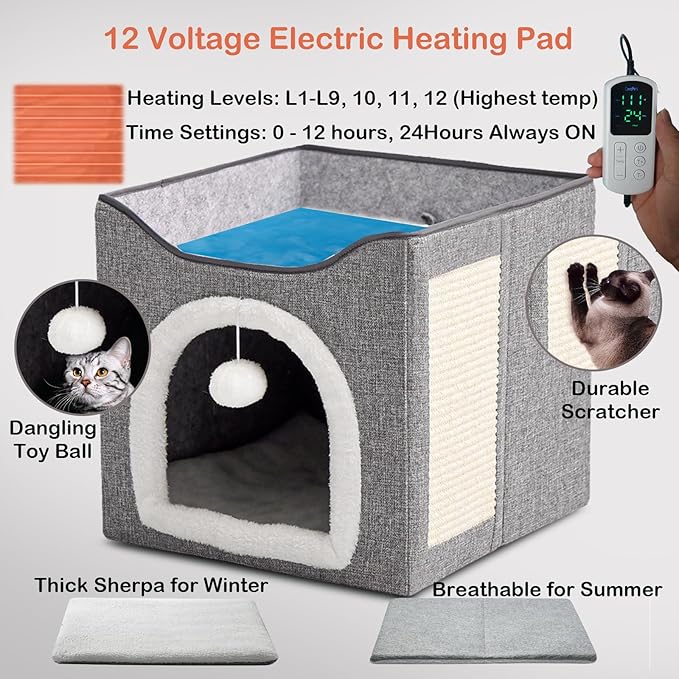 Heated Cat Bed Indoor w/ 12V Electric Heating Pad, Thermal Warming Heated Pet Bed House for Indoor Cats w/Scratching Post, Covered Cat Cave Beds & Furniture Foldable Cat Hideaway, 24x16x15