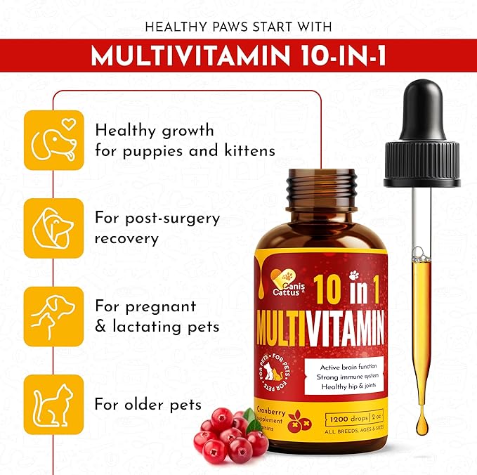 Canis&Cattus 10-in-1 Multivitamin for Dogs and Cats – Daily Glucosamine, Vitamin B, C & D3 Support - Liquid Supplement with Cranberry & MSM – 2 oz