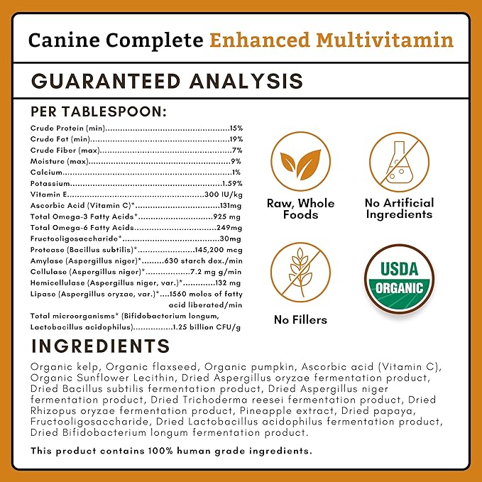 Wholistic Pet Organics Canine Complete - Dog Multivitamin Powder - 1 Lb - Daily Dog Vitamins and Supplements for Homemade Food - Immune System, Skin, Coat & Overall Health - Small and Large Breed