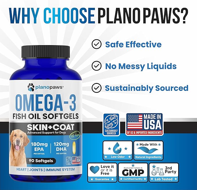Omega 3 Fish Oil for Dogs - Salmon Oil for Dogs - Dog Fish Oil Supplement May Help Shedding, Allergy, Itch Relief - Supports Dry Skin, Joints - Dog Skin and Coat Supplement - 90 Fish Oil Pills EPA DHA
