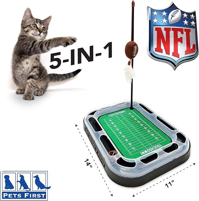 CAT BELL BALL NFL New Orleans Saints Football Field CAT Scratcher Toy with Catnip Filled Plush Football Toy & Feather Cat Toy Hanging, with Jingle Bell Interactive Ball Cat Chasing 5-in-1 Kitty Toy