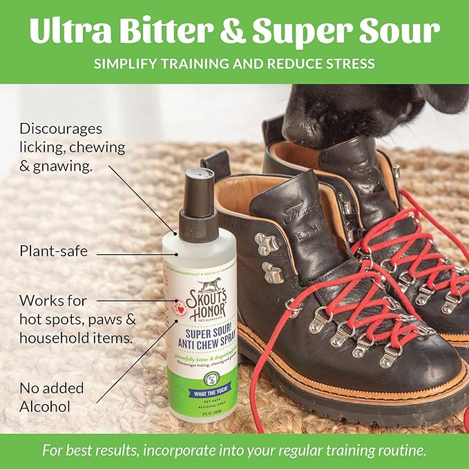 SKOUT'S HONOR Super Sour! Anti Chew Spray - Natural Ultra Bitter Formula to Help Deter That unwanted Chewing, Licking, and Biting - Safe for Pets - Safe for Indoor and Outdoor Use,16 oz