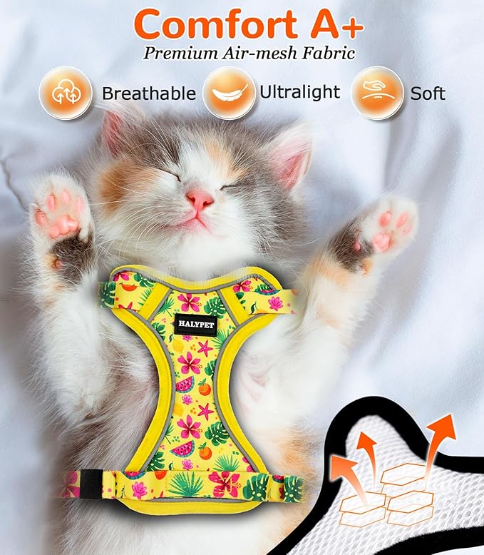 Halypet Cat Harness and Leash Set for Walking, Escape Proof Adjustable Vest Harness with 3-in-1 Integrated Buckles, Easy Control Soft Breathable Mesh with Reflective Strips for Cats, S, Bright Yellow