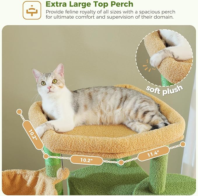 Tall Cactus Cat Tree for Indoor Cats Large Adult, 71.2" Multi-Level Cat Tower with 2 Spacious Condos, 3 Hammocks, Super Large Top Perch, 2 Pompoms, Green