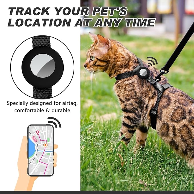 Cat Harness and Leash Set with Airtag Holder for Walking & Travelling, Escape Proof Cat Harness for Small Medium Large Kitten, Adjustable Lightweight Soft Cat Vests (Black)