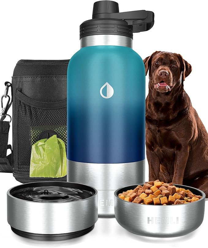 Dog Water Bottle Insulated Dog Travel Water Bottle Stainless Steel Pet Water Bottle Dispenser Portable Food and Water Bowl for Dogs with Carrying Case for Walking Dog Travel Kit… (Green Blue, 32 oz)